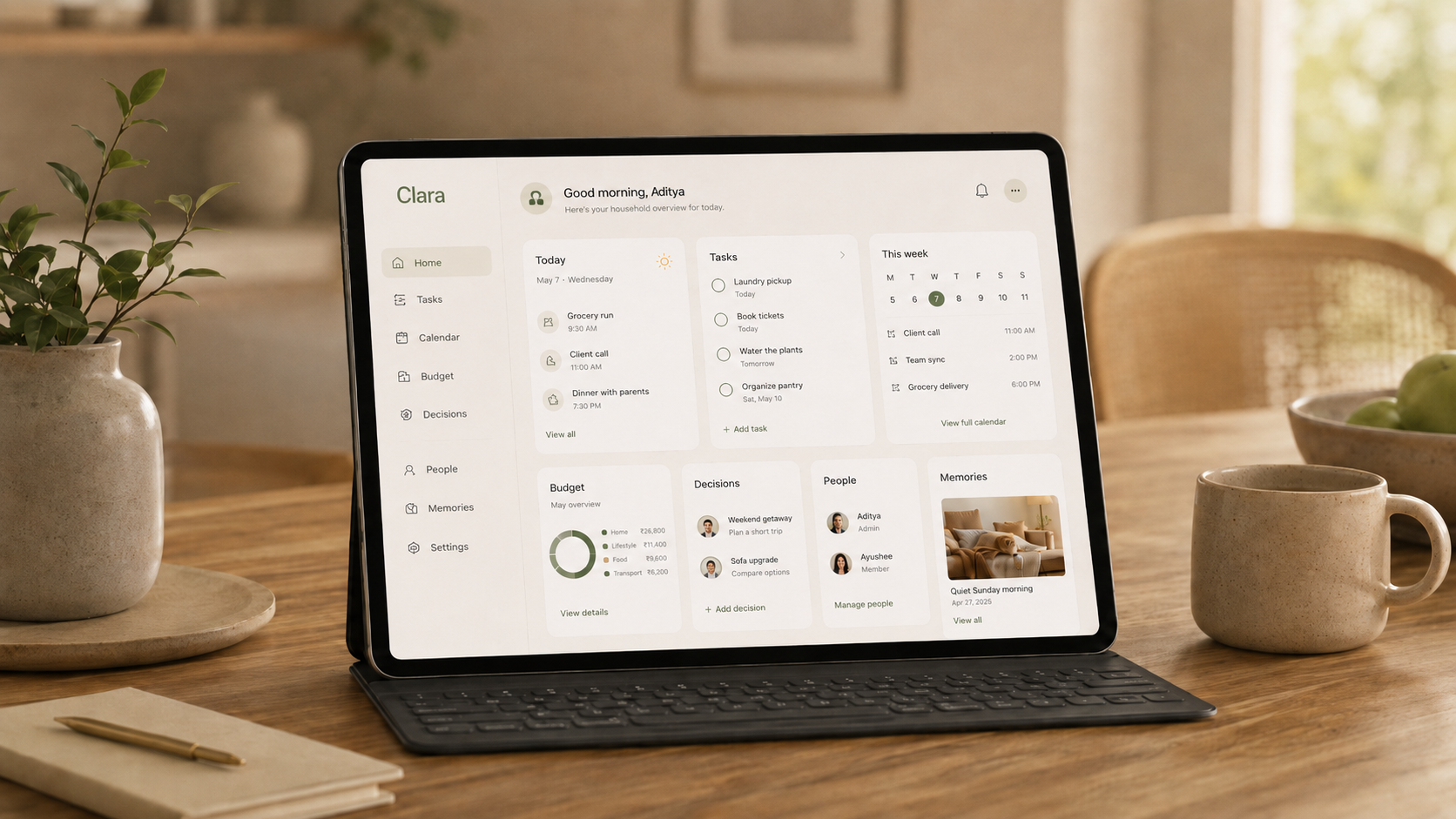Clara household dashboard mock-up