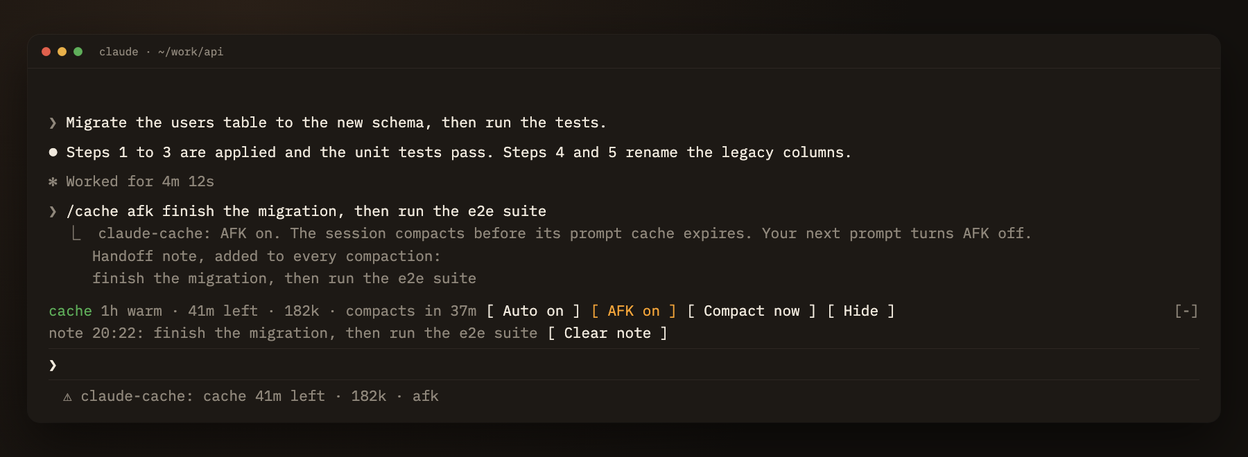 Illustrative Claude Code terminal showing the claude-cache countdown, AFK controls, and a migration handoff note.